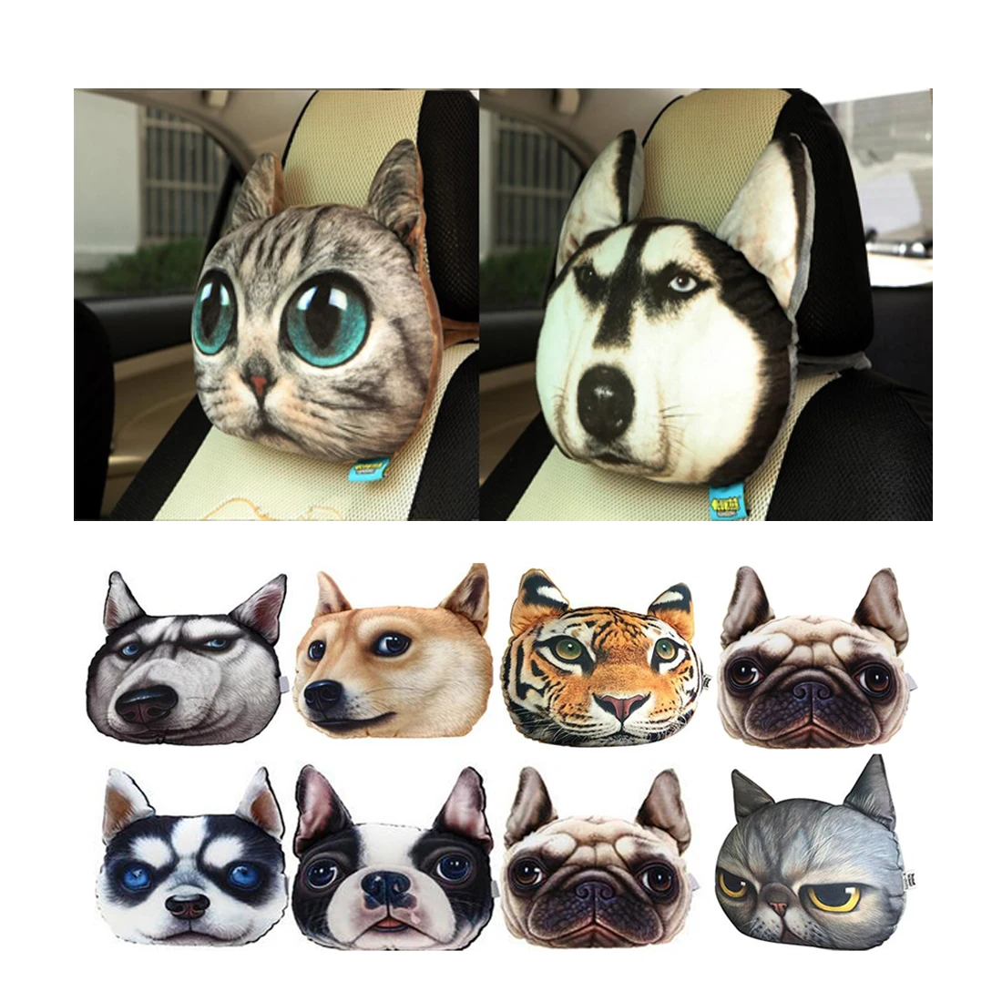 Dongzhen Car Headrest Pillow Head Neck Rest Headrest Pillow Seat Back Lovely Dog Cat Animal Huskies Gift Present 3D Car Styling