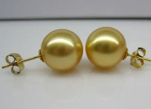 Free Shipping >>>> NATURE 10-11MM AAA+ SOUTH SEA GOLDEN PEARL EARRING 14K