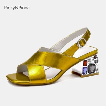 2019 Mediterranean style top quality women leather sandals crystals gems chunk high heels slingback open toe golden party shoes
2019 Mediterranean style top quality women leather sandals crystals gems chunk high heels slingback open toe golden party shoes