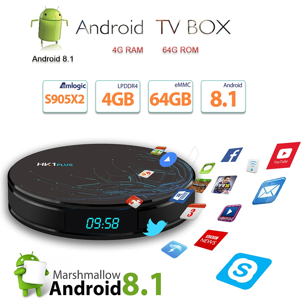 HK1 Plus Smart Box Android 8.1 4K Amlogic S905X2 TV Box Android 4G 64G 2.4G/5.8G WiFi Bluetooth 4.0 Set Top Box Google Assistant
HK1 Plus Smart Box Android 8.1 4K Amlogic S905X2 TV Box Android 4G 64G 2.4G/5.8G WiFi Bluetooth 4.0 Set Top Box Google Assistant