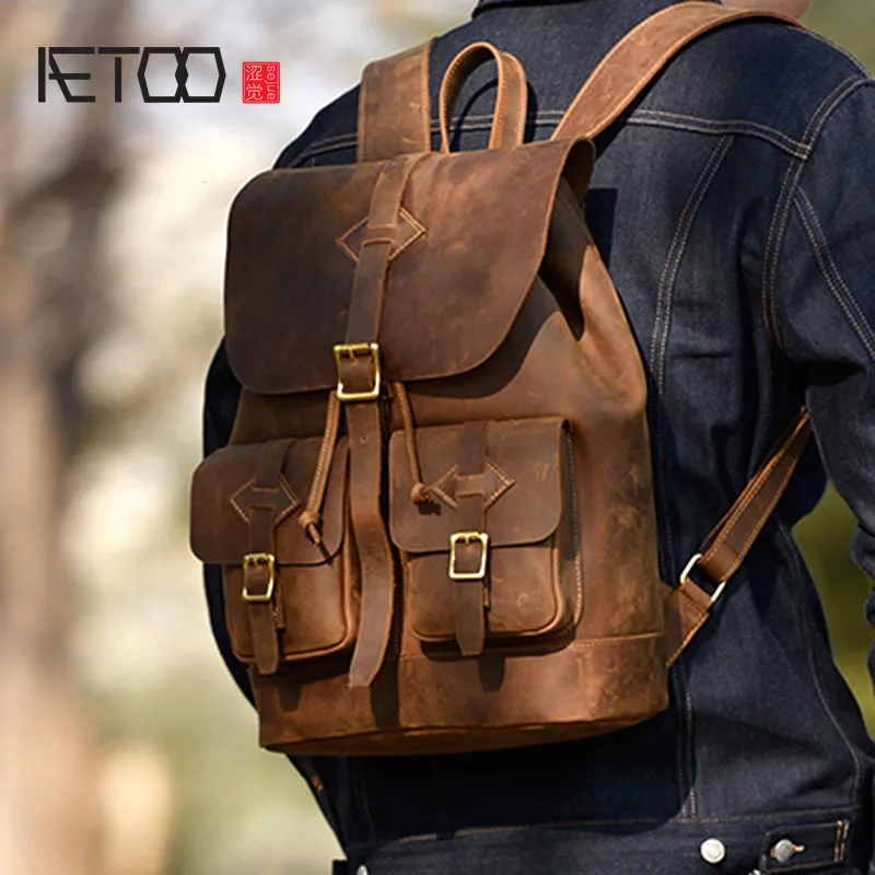 

AETOO British retro wind crazy horse leather shoulder bag street trend first layer leather backpack leather men's outdoor travel
