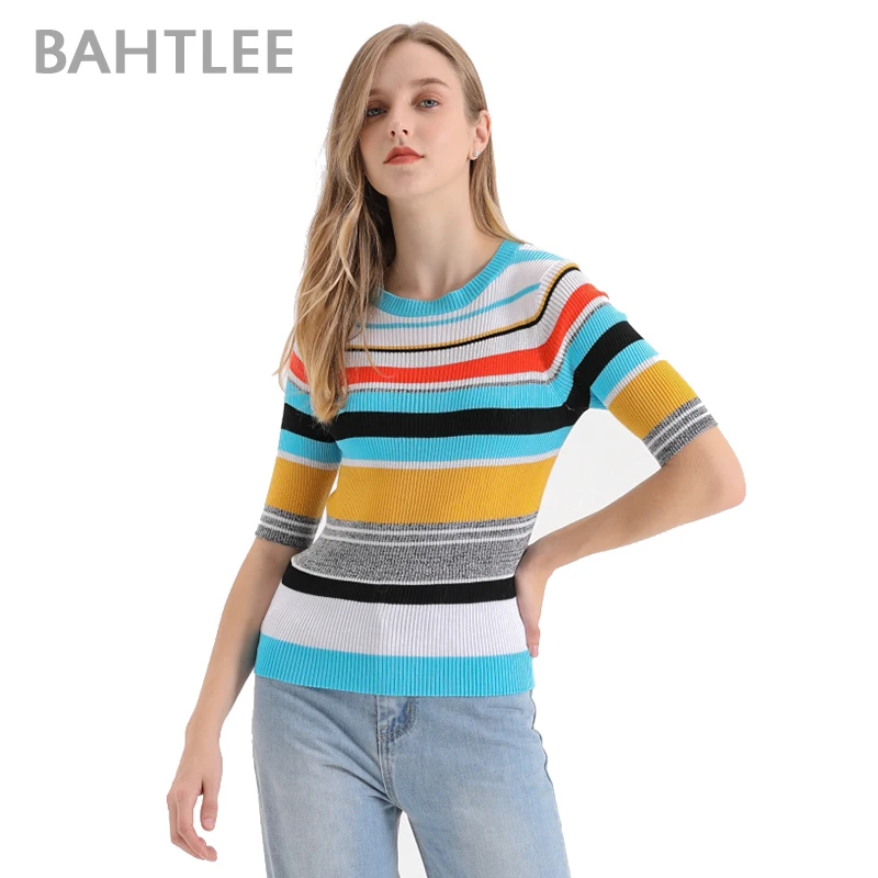 Bahtlee Summer Women multicolour T-shirt Jumper Short Sleeve Knitted Pullover Sweater Silver wire O-neck multi striped
Bahtlee Summer Women multicolour T-shirt Jumper Short Sleeve Knitted Pullover Sweater Silver wire O-neck multi striped