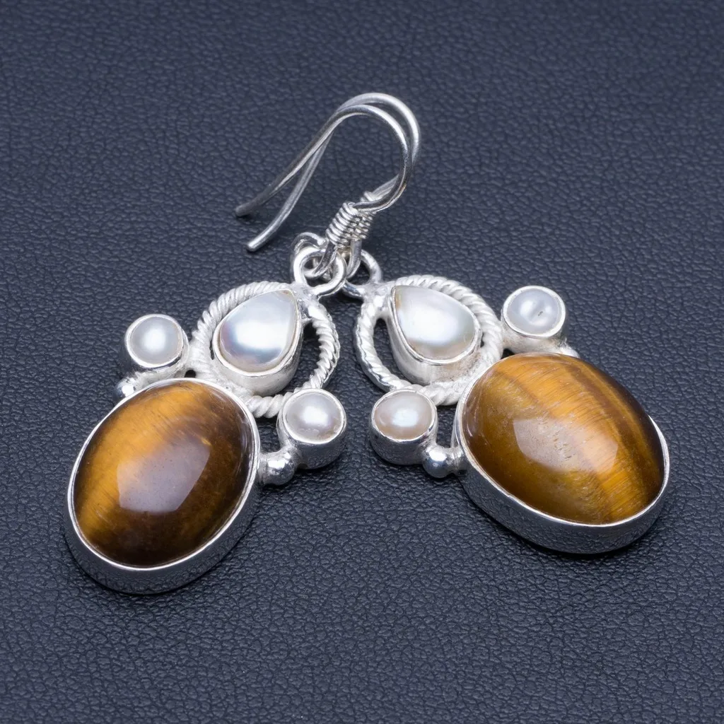 Natural Tiger Eye and River Pearl Unique Punk Style 925 Sterling Silver Earrings 1 3/4" P1721
Natural Tiger Eye and River Pearl Unique Punk Style 925 Sterling Silver Earrings 1 3/4" P1721