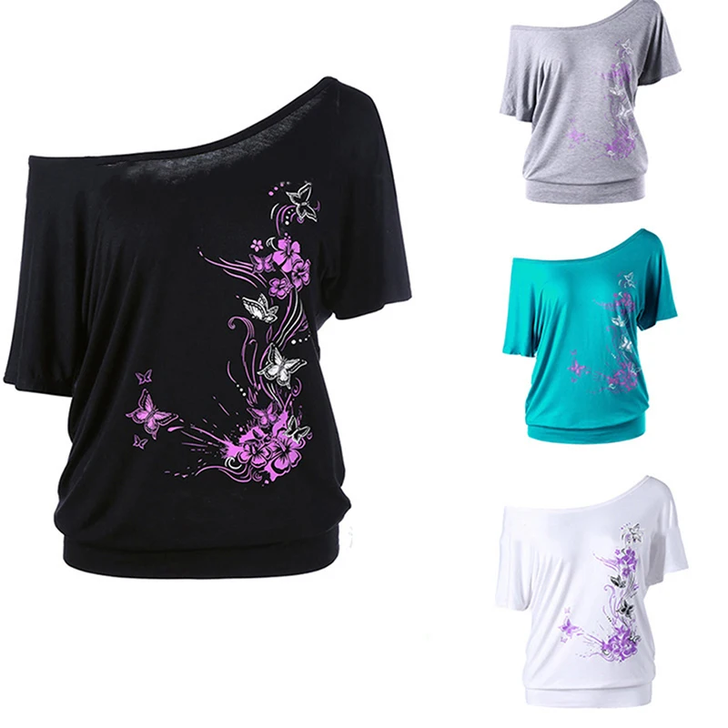 

Loose Short Sleeve Tee Fly Flower Graphic Printed Casual Bat Women's Summer Sexy Off Shoulder Slash Neck T-Shirt Tops