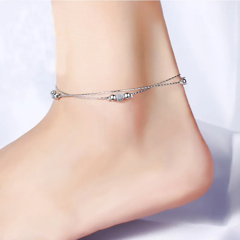 

Hot 925 Sterling Silver Prevent allergy Anklet Bracelet 2 Layers Ball Women Summer Charm Chain Sandal Beach Foot Anklet Gifts