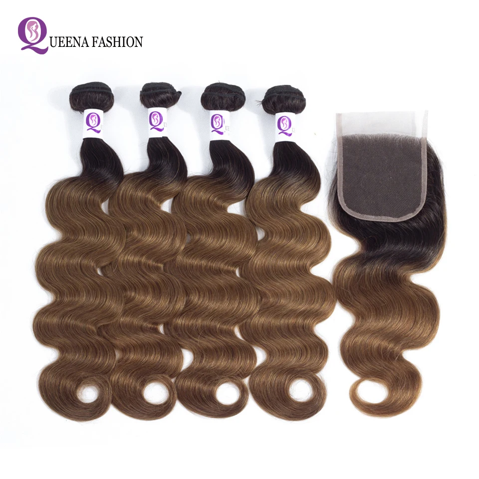 

Ombre Raw Indian Body Wave Dark Roots T1B 27 1B 30 Honey Blonde Ombre Hair 4 Bundles With Closure Pre-Colored Human Hair Weave