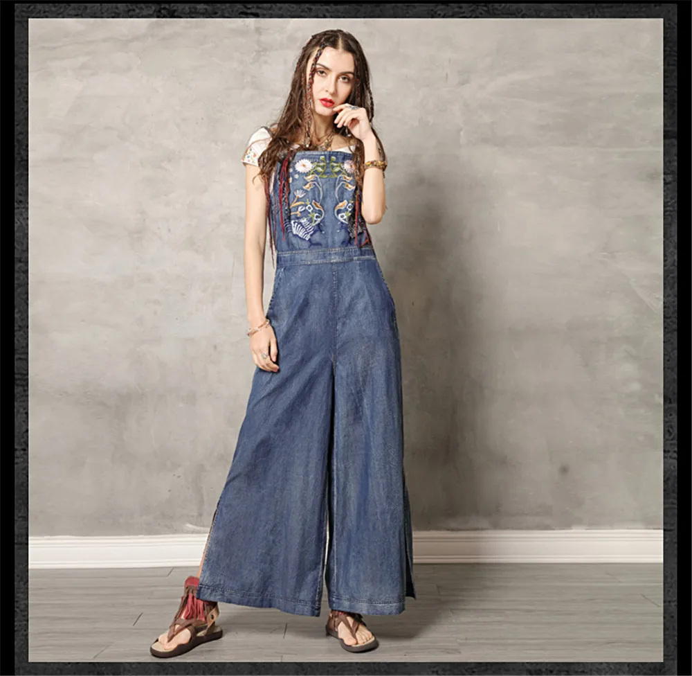 Vintage Jumpsuit Women 2019 Boho New Women Spaghetti Strap Bodysuit Denim Summer Embroidery Wide Leg Jumpsuits K306DZ Bodysuits (12)