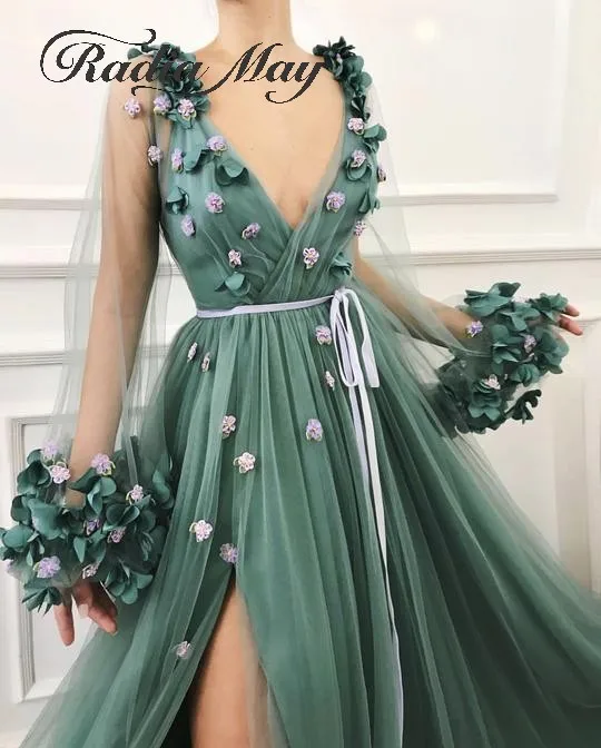 Jade Tulle Handmade 3D Flowers Long Sleeves Prom Dresses 2019 Sexy Deep V-Neck High Split Steal Elegant Long Evening Party Gowns
Jade Tulle Handmade 3D Flowers Long Sleeves Prom Dresses 2019 Sexy Deep V-Neck High Split Steal Elegant Long Evening Party Gowns