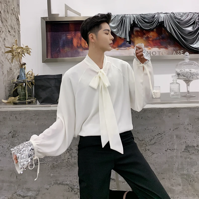 Male Fashion Loose Tie Bow Collar Black White Party Dress Shirt Men Sequin Long Sleeve Casual Shirt Stage Clothes
Male Fashion Loose Tie Bow Collar Black White Party Dress Shirt Men Sequin Long Sleeve Casual Shirt Stage Clothes
