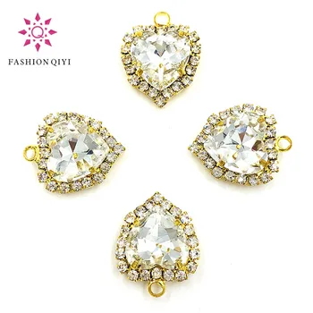 HOT 12mm Clear white heart shape gold base single loop Crystal button flatback Glass sew on rhinestones diy wedding decoration