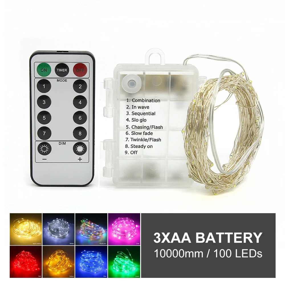 10M 100 LED String Lights AA Battery Powered Flexible Copper Wire Strip Lamp with 8 Modes RF Controller for Christmas Holiday
10M 100 LED String Lights AA Battery Powered Flexible Copper Wire Strip Lamp with 8 Modes RF Controller for Christmas Holiday