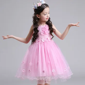 

Fancy Elegant Knee-length 3D Flower Girls Dress Kids Toddlers Lace Mesh Birthday First Communion Party Dresses Children Clothing