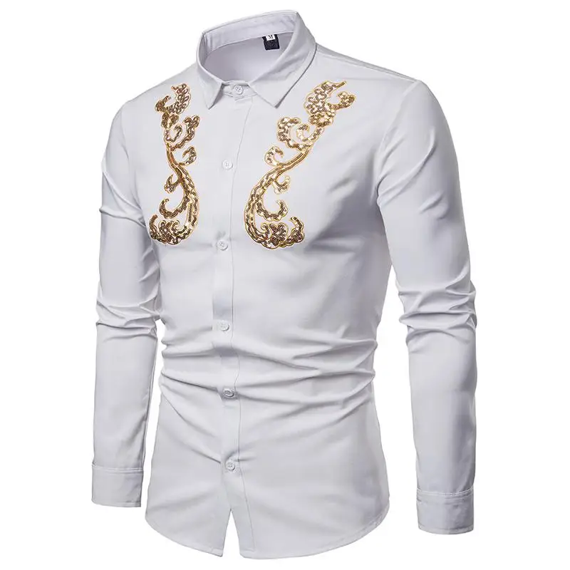 Long sleeve Shirt Men Golden Lace decoration Lapel Blouse Men's Clothing Mens Shirts White Black New
Long sleeve Shirt Men Golden Lace decoration Lapel Blouse Men's Clothing Mens Shirts White Black New