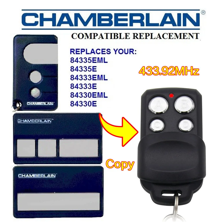 CHAMBERLAIN 84330E 84333E 84335E remote control 433.92MHz CHAMBERLAIN 84330EML 84333EML 84335EML 433MHz garage remote control
CHAMBERLAIN 84330E 84333E 84335E remote control 433.92MHz CHAMBERLAIN 84330EML 84333EML 84335EML 433MHz garage remote control