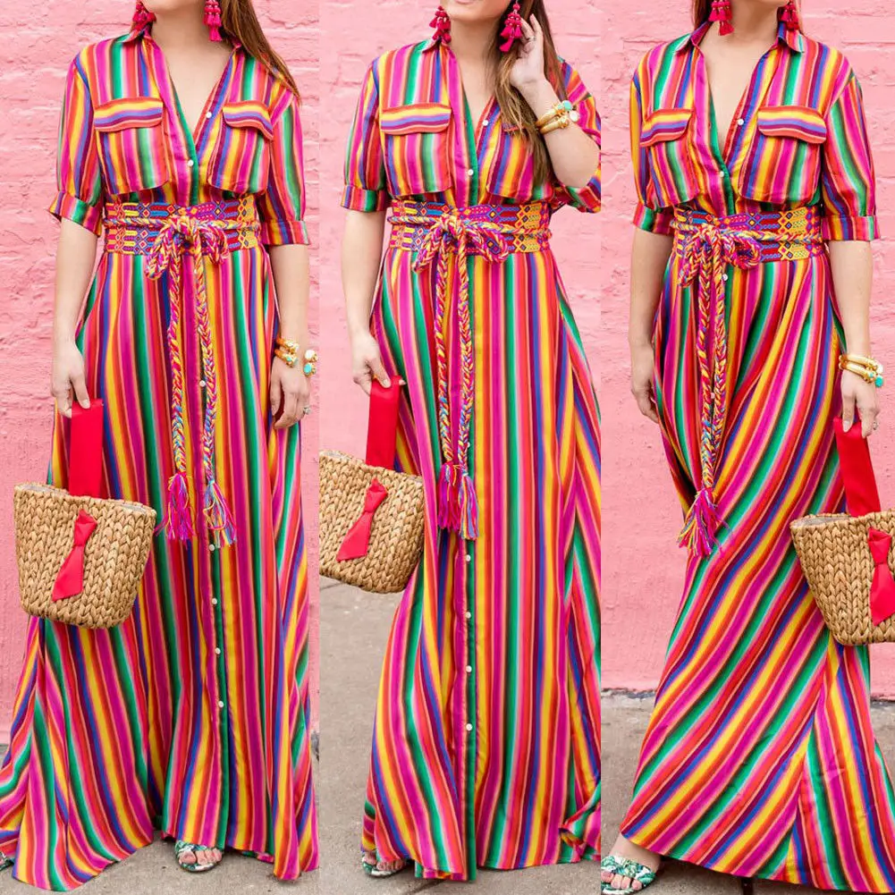 Women Summer Beach Maxi Dress 2018 Sexy High Sundress Fashion Colorful Striped Print Turn Down Collar Long Party Dress
Women Summer Beach Maxi Dress 2018 Sexy High Sundress Fashion Colorful Striped Print Turn Down Collar Long Party Dress