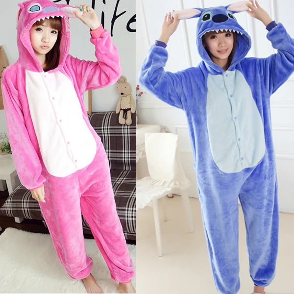 

Adult Flannel fleece Blue Stitch Onesies Sleepwear Hoodie Pajamas Pink Lilo And Stitch Cosplay pyjamas Christmas Cosplay Costume