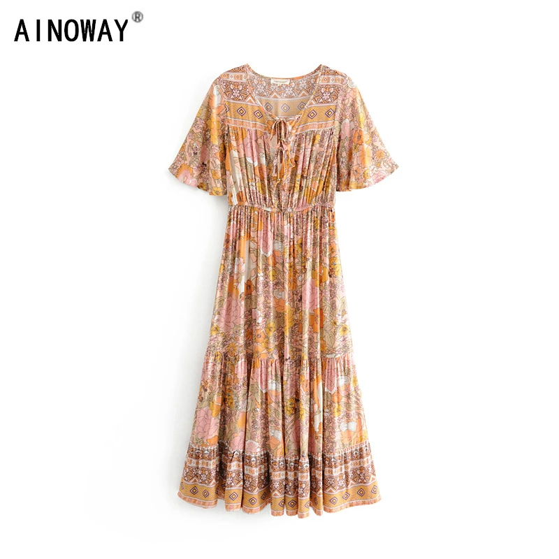 Vintage chic women short sleeve floral print beach Bohemian maxi dress Ladies lace-up rayon Boho pleated dress vestidos
Vintage chic women short sleeve floral print beach Bohemian maxi dress Ladies lace-up rayon Boho pleated dress vestidos