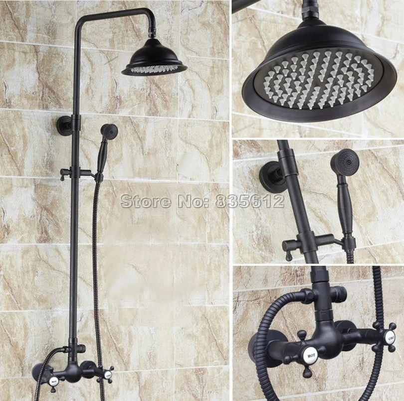 

Black Oil Rubbed Bronze Wall Mounted Rain Shower Faucet Set & Bathroom Cross Handles Mixer Taps + Handheld Shower Head Wrs492