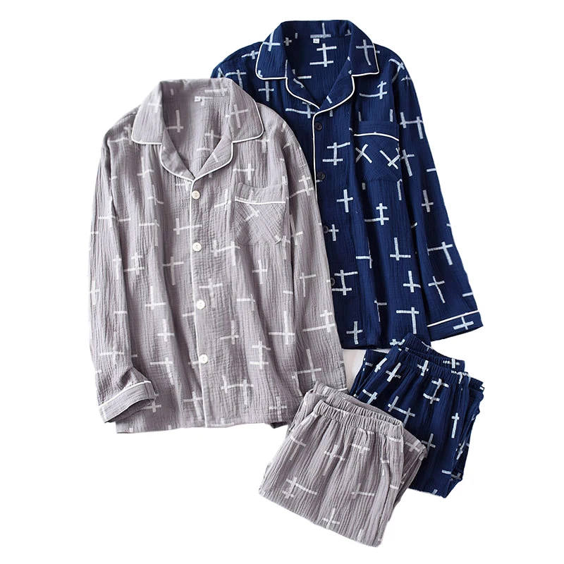 Simple 100% crepe cotton sleepwear men pijama hombre gauze two piece pyjamas Male long-sleeve pajamas sets soft summer 2019
Simple 100% crepe cotton sleepwear men pijama hombre gauze two piece pyjamas Male long-sleeve pajamas sets soft summer 2019
