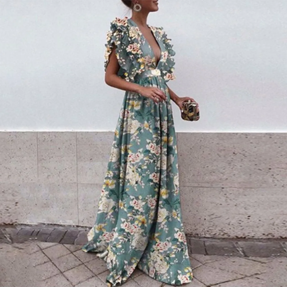 Women Sexy Print V-Neck Petal Sleeve Backless Sleeveless Long Maxi Long Dress 3.5
Women Sexy Print V-Neck Petal Sleeve Backless Sleeveless Long Maxi Long Dress 3.5