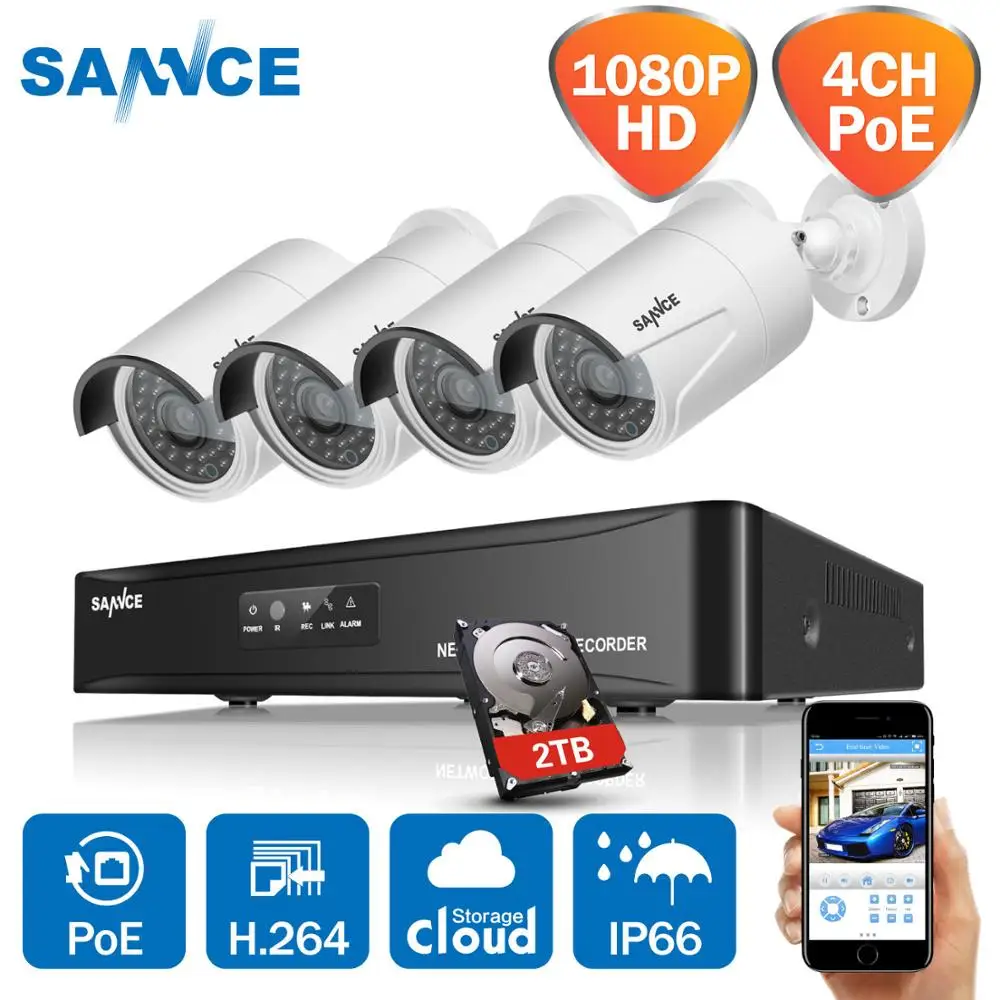 

SANNCE HD 1080P CCTV System 4CH POE NVR 2TB HDD 4PCS 2MP 1080P POE IP Camera Network Outdoor Cameras Home Security System