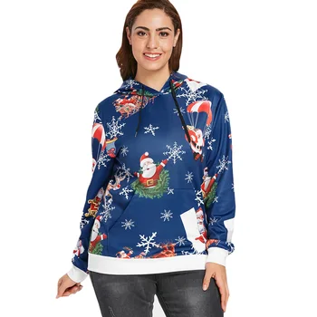

Wipalo Plus Size 5XL Santa Claus Snowflake Print Christmas Hoodie Autumn Winter Casual Long Sleeve Hooded Kangaroo Pocket Hoodie
