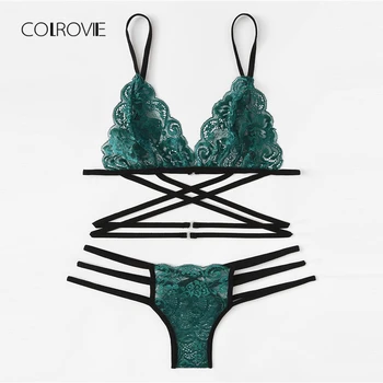 COLROVIE Green Sexy Floral Scalloped Trim Strappy Lingerie Set 2019 Women Bra And Thongs Sets Wireless Sexy Underwear Bra Set 
COLROVIE Green Sexy Floral Scalloped Trim Strappy Lingerie Set 2019 Women Bra And Thongs Sets Wireless Sexy Underwear Bra Set