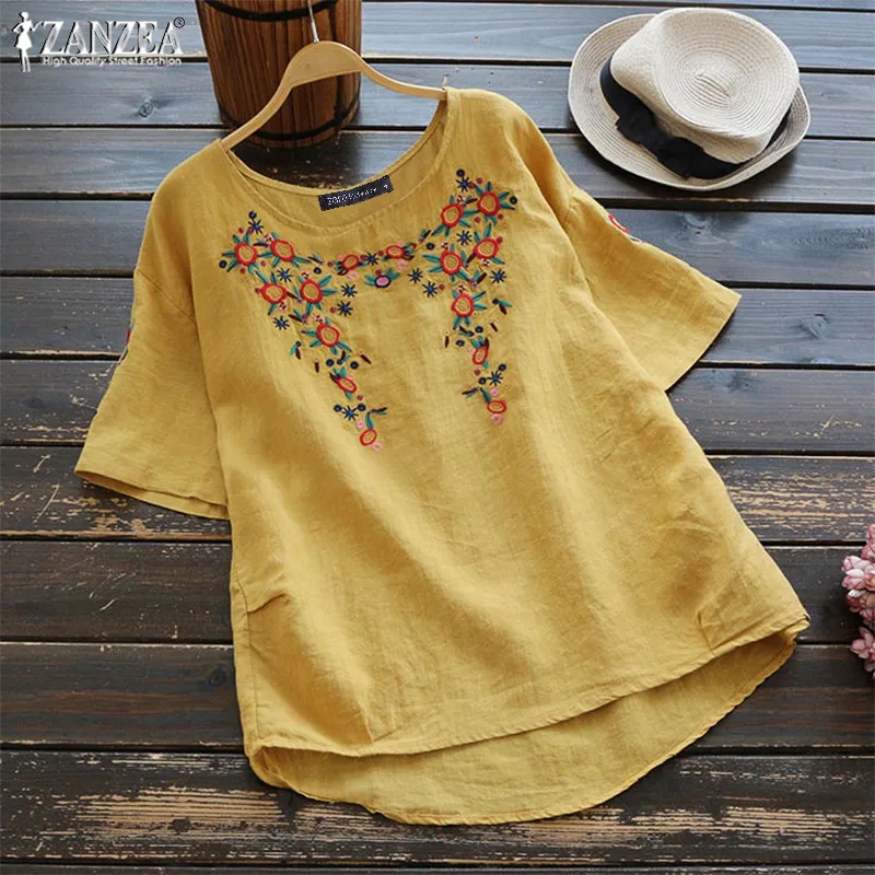 Elegant Embroidery Tops Women's Linen Blouse Summer 2019 ZANZEA Vintage Causal Short Sleeve Tee Shirts Female High Low Hem Tunic
Elegant Embroidery Tops Women's Linen Blouse Summer 2019 ZANZEA Vintage Causal Short Sleeve Tee Shirts Female High Low Hem Tunic