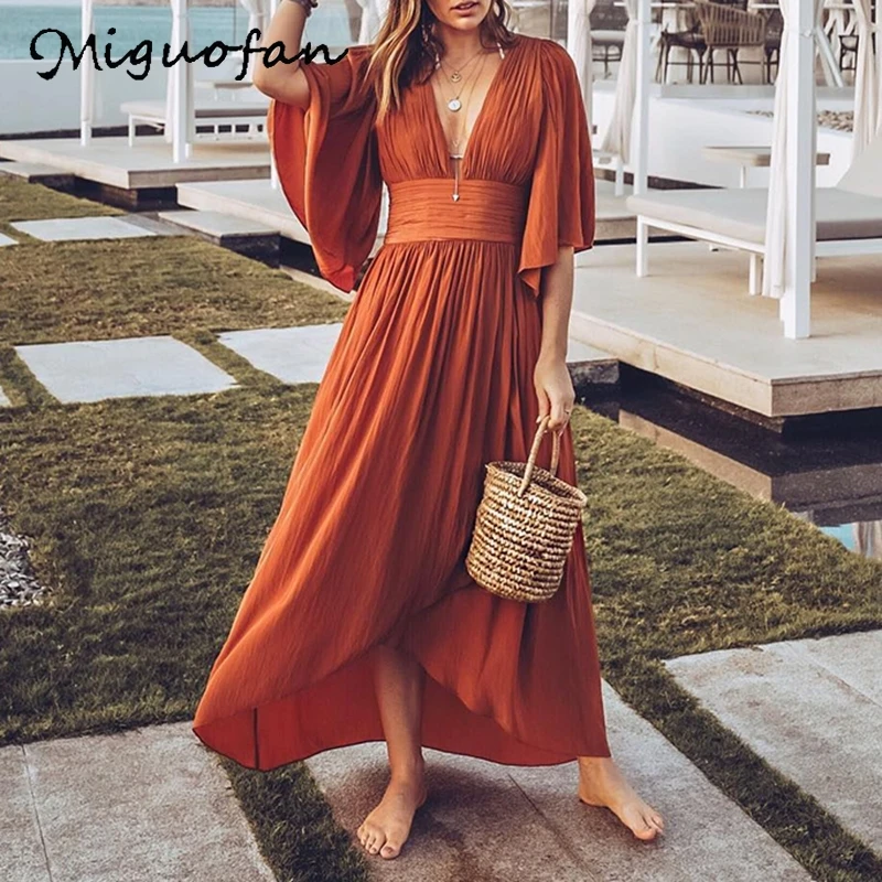Miguofan Deep V-neck Flare Sleeve Long Boho Dress Women Solid Backless Loose Plus Size Summer Dresses Female 2019 New
Miguofan Deep V-neck Flare Sleeve Long Boho Dress Women Solid Backless Loose Plus Size Summer Dresses Female 2019 New