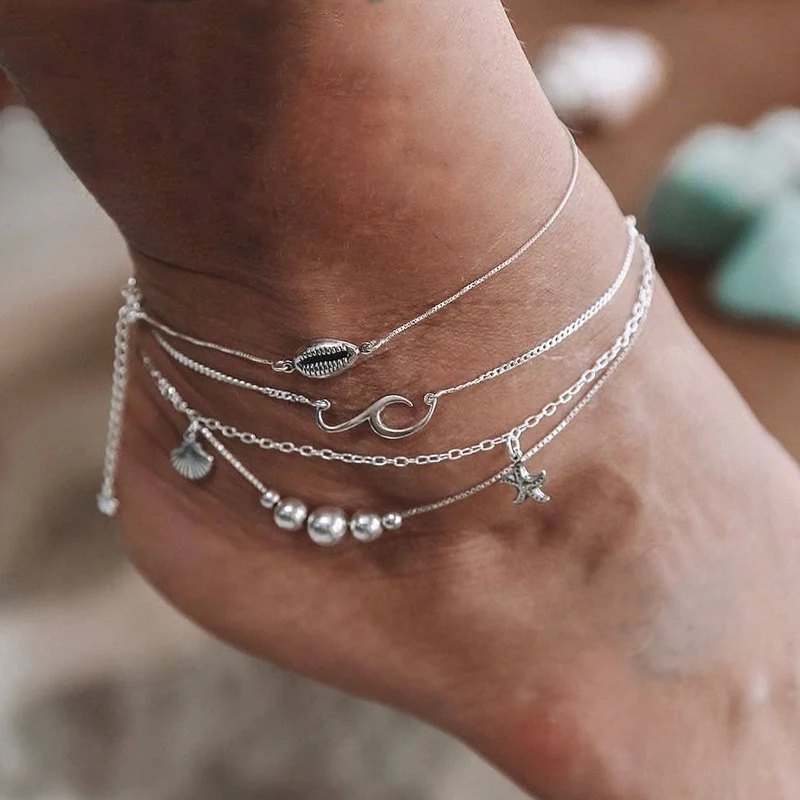 4 Pcs/ Set Retro Women Beach Shells Starfish Wave Beads Chain Pendant Anklet Personality Multilayer Silver Party Anklet Set
4 Pcs/ Set Retro Women Beach Shells Starfish Wave Beads Chain Pendant Anklet Personality Multilayer Silver Party Anklet Set