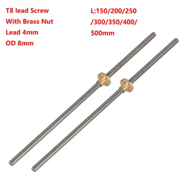 

T8 Lead Screw OD 8mm Pitch 2mm Lead 4mm Length 200 300 350 400 450 500mm Threaded Rods with Brass Nut for 3D Printer Z Axis 2Pcs