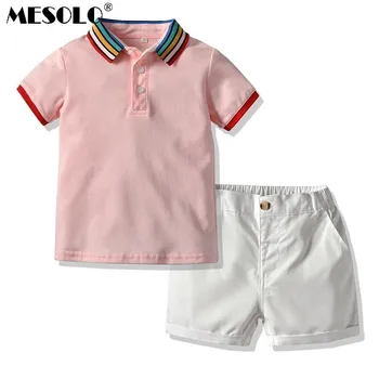 

MESOLO Male Girl Summer Wear Suit Spelling Color Rainbow Polo Unlined Upper Garment Short Sleeve + Leisure Time Shorts Twinset