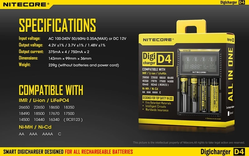 100% Original Nitecore D4 Digicharger LCD Intelligent Circuitry Global Insurance li-ion 18650 14500 16340 26650 Charger Battery
100% Original Nitecore D4 Digicharger LCD Intelligent Circuitry Global Insurance li-ion 18650 14500 16340 26650 Charger Battery