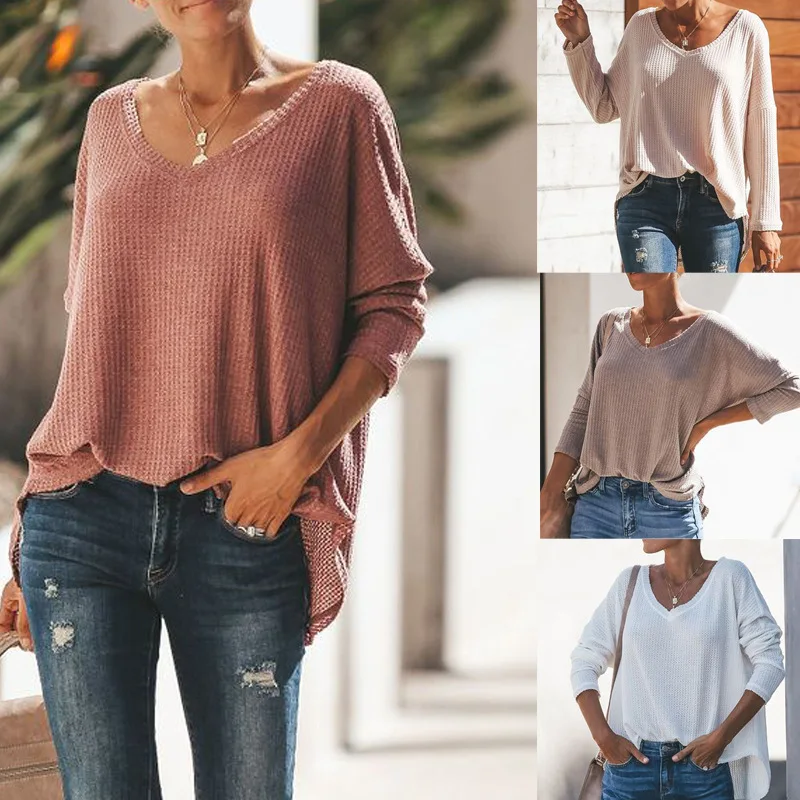 2019 spring and summer new T-shirt female Fashion Casual Long sleeve solid color loose knit bottoming shirt women Wild Slim Thin
2019 spring and summer new T-shirt female Fashion Casual Long sleeve solid color loose knit bottoming shirt women Wild Slim Thin