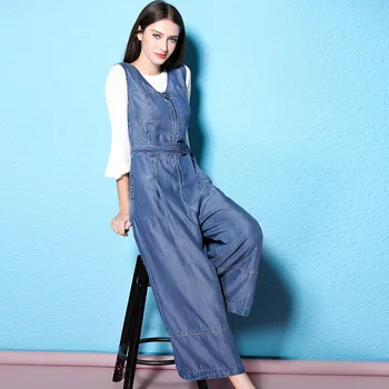 

2018 Spring and Autumn tencel fiber jumpsuit new fashioned ankle-length Wide leg pants woman culotte denim jumpsuits NW17B1034-1