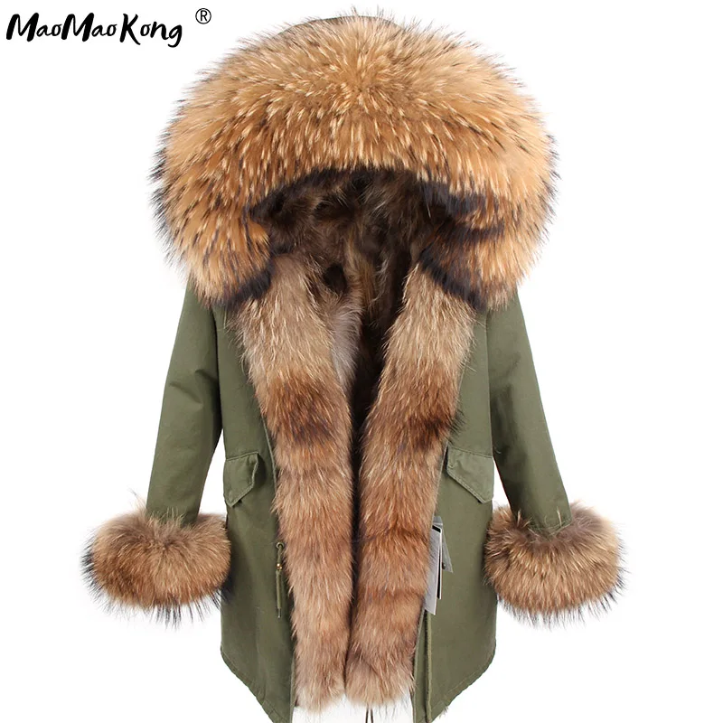 

maomaokong Real Fox Fur Coat Winter Jacket Women Long Parka Natural Raccoon Fur Collar Hood Thick Warm Real Fur Liner Parkas