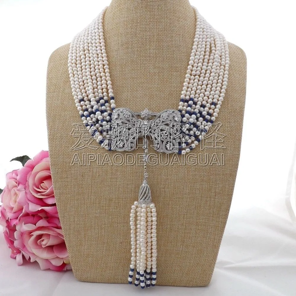 N090408 19 "9 нитей белый жемчуг синий камень ожерелье CZ подвеска|stone necklace|cz pendantblue stone