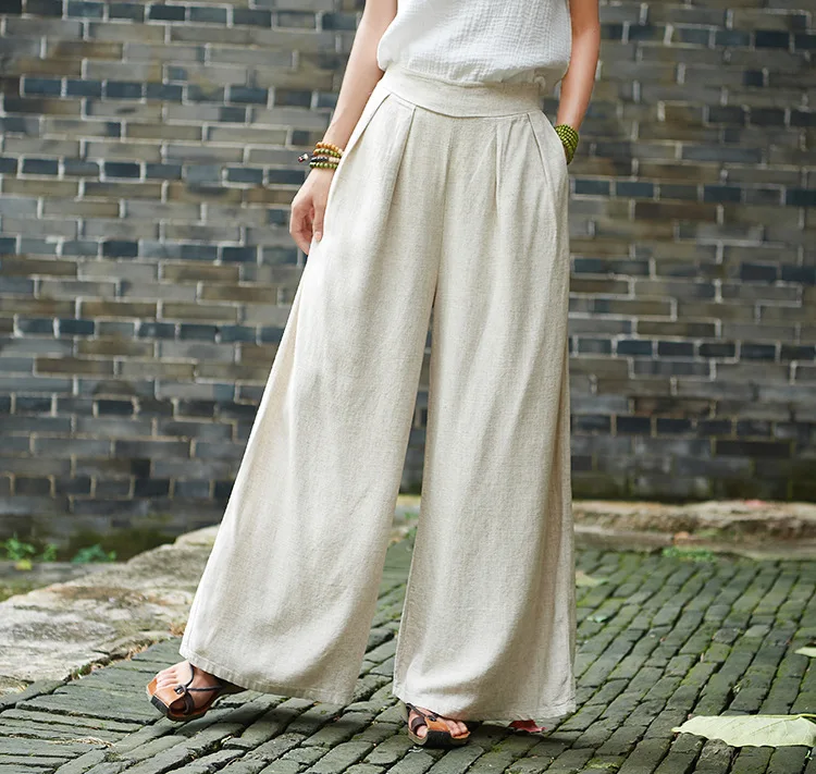 LZJN 2019 Spring Summer Culottes Pants Vintage Cotton Linen Pants Loose Full Length Trousers Women Wide Leg Pants White 3 Colors (20)