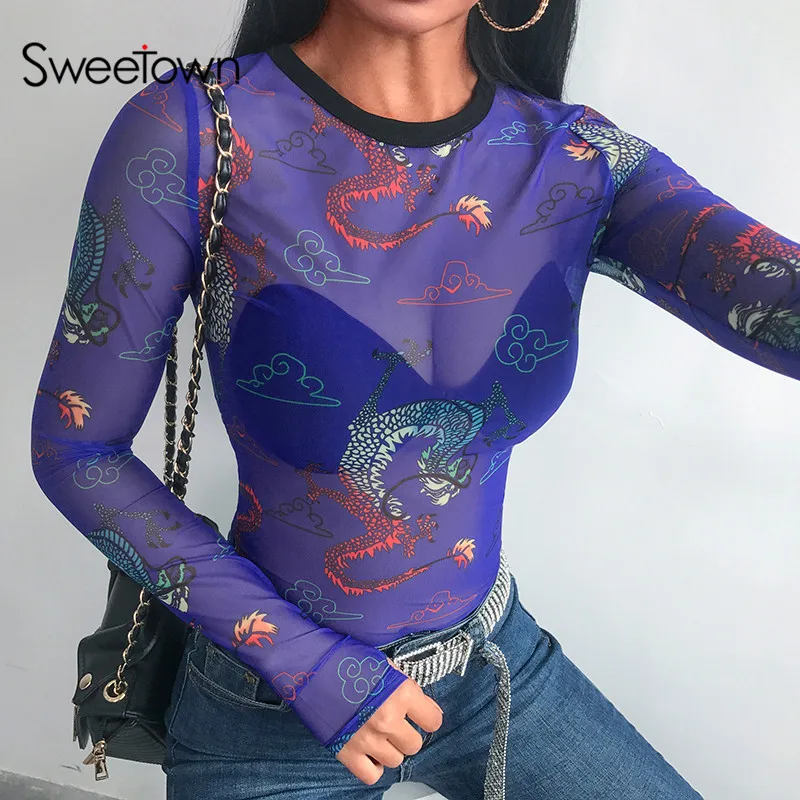 Sweetown Summer 2019 Transparent Mesh Top Tshirt Patchwork Collar Chinese Style Dragon Totem See Through Top Women Sexy Shirt
Sweetown Summer 2019 Transparent Mesh Top Tshirt Patchwork Collar Chinese Style Dragon Totem See Through Top Women Sexy Shirt