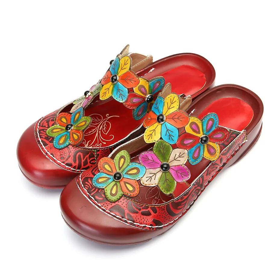 Vintage Printed Round Toe Slippers Women Shoes Genuine Leather Summer Bohemian Beach Lady Slides Flower Casual Shoe Woman Sandal (2)