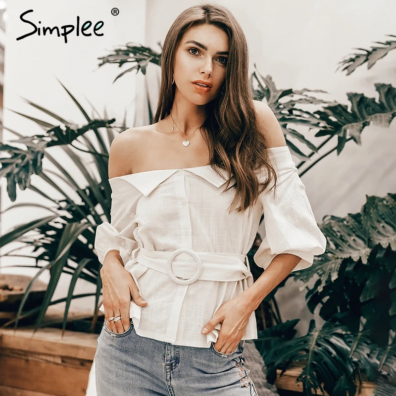 Simplee Off shoulder buttons women shirt blouse Summer lantern sleeve sashes cotton blouse female Casual vintage tops and blouse
Simplee Off shoulder buttons women shirt blouse Summer lantern sleeve sashes cotton blouse female Casual vintage tops and blouse