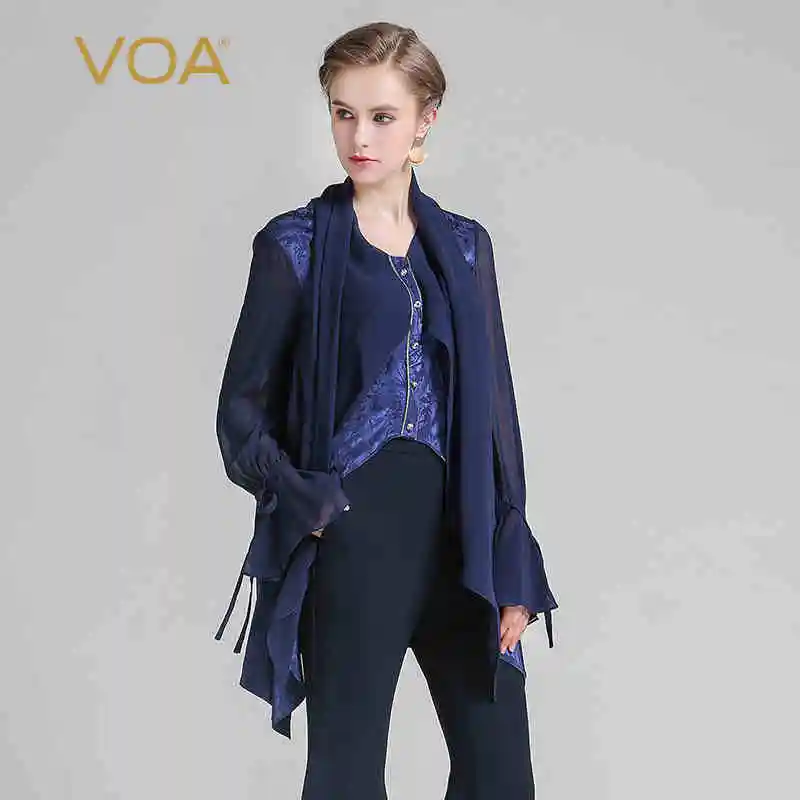 VOA 2018 Navy Blue Women Silk Thin Jacket Fashion Long Sleeve Scarf Collar Fake Two Piece Unlined Upper Garment BZA00201
VOA 2018 Navy Blue Women Silk Thin Jacket Fashion Long Sleeve Scarf Collar Fake Two Piece Unlined Upper Garment BZA00201