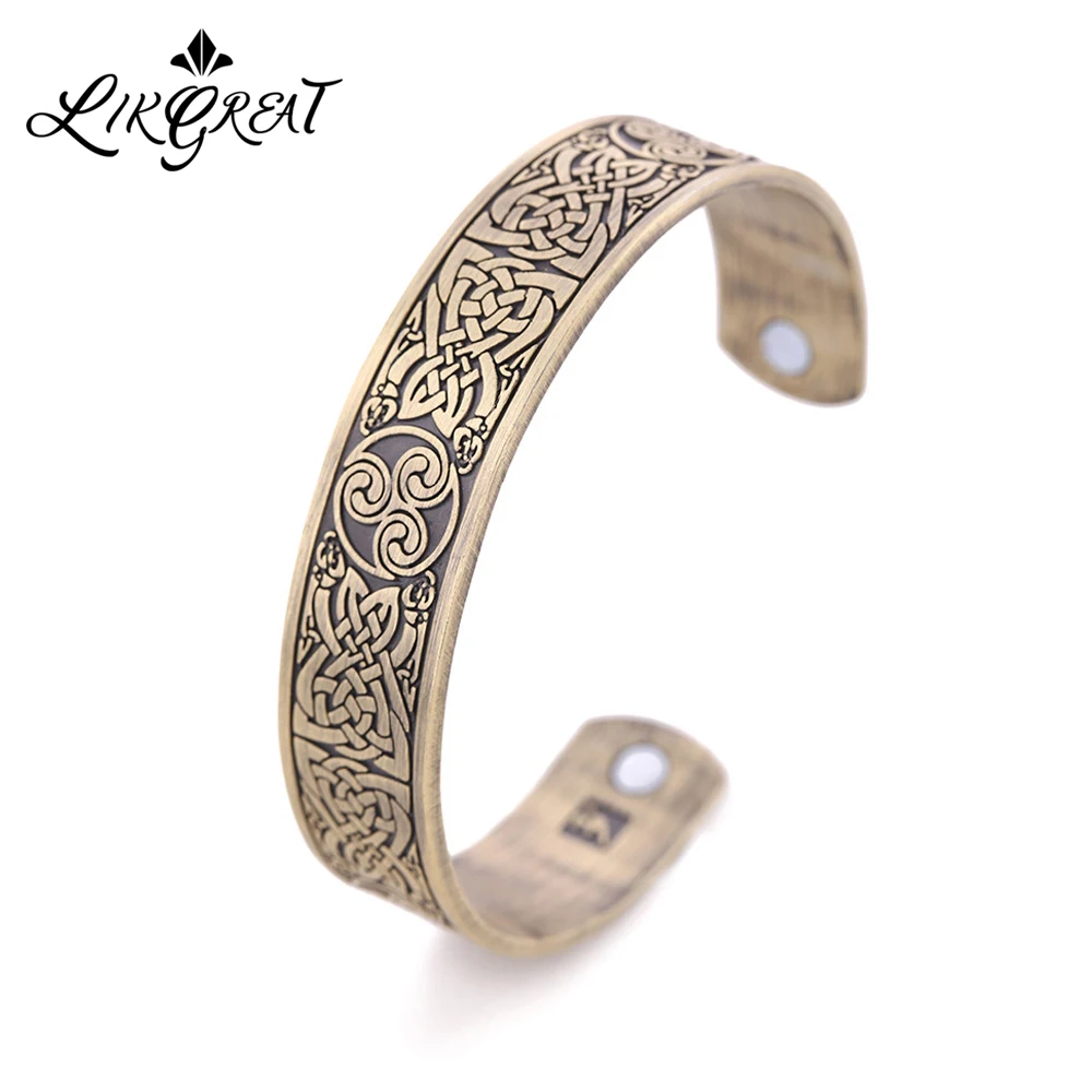 

LIKGREAT Triple Spiral Celtics Knot Engraved Bangle Health Care Magnetic Cuff Bracelets for Men Women Vintage Amulet Jewelry