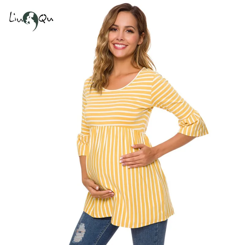 

Women's Striped Peplum Maternity Top 3/4 Ruffles Bell Sleeve Loose Tunic Maternity Clothes Pregnancy Shirt Premama Casual