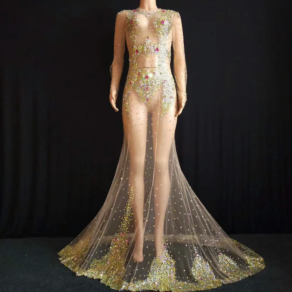 Multi-color Crystals Respective Long Train Dress Super luxurious Big Rhinestones Dress Evening Costume Wedding Celebrate Dress
Multi-color Crystals Respective Long Train Dress Super luxurious Big Rhinestones Dress Evening Costume Wedding Celebrate Dress