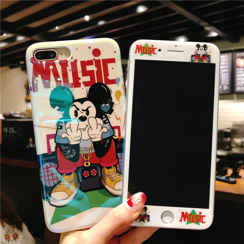 

Fashion Mickey Mouse Blu-ray Phone Case Tempered Glass Film For Iphone X XS XS MAX IPhone 6 6S 6P 6SP 7 7P 8 8P