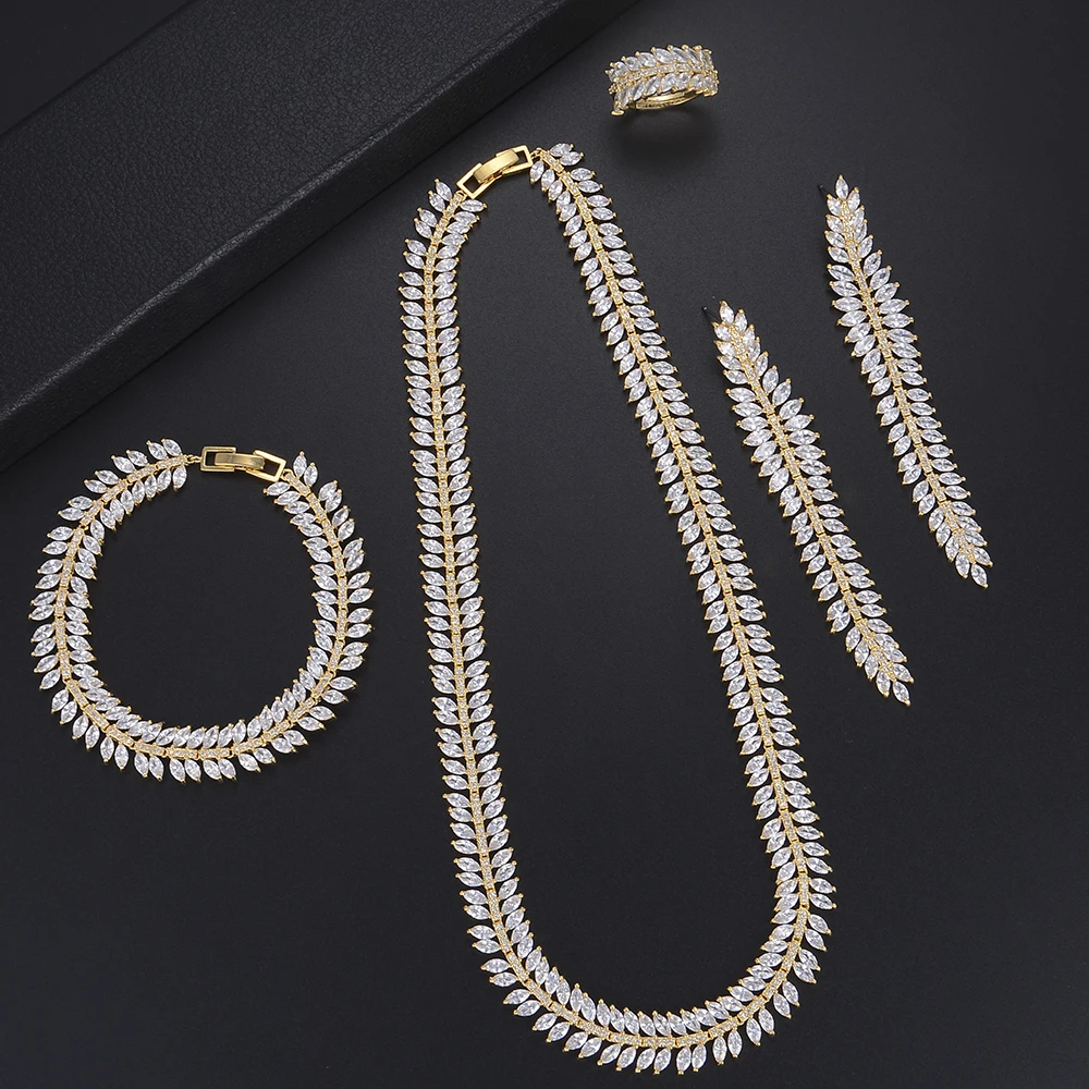 Fashion Indian Dubai Women Wedding Jewelry Sets Branch Leaves 4 pcs Set CZ Bracelet Ring Necklace Earrings Jewelry Sets
Fashion Indian Dubai Women Wedding Jewelry Sets Branch Leaves 4 pcs Set CZ Bracelet Ring Necklace Earrings Jewelry Sets