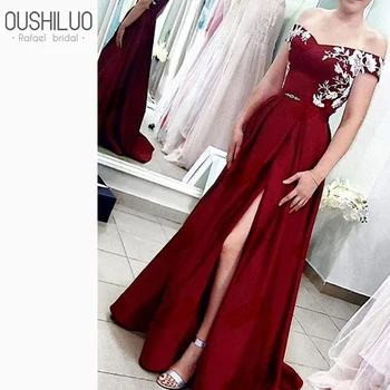 Elegant A Line Burgundy Prom Dresses With Applique 2019 Off the Shoulder Side Split Long Formal Evening Dress Gown For Women
Elegant A Line Burgundy Prom Dresses With Applique 2019 Off the Shoulder Side Split Long Formal Evening Dress Gown For Women
