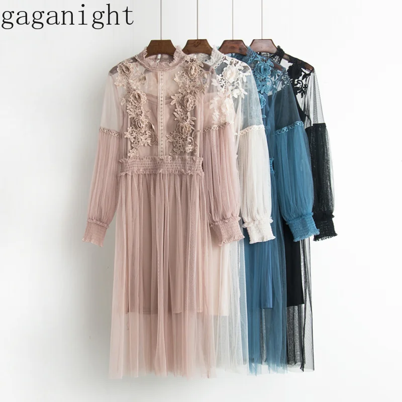 Gaganight Women Fashion Dress Stand Collar Lantern Sleeve Mesh Dress See-through Lace Embroidery Fairy Dress Femme Vestidos Robe
Gaganight Women Fashion Dress Stand Collar Lantern Sleeve Mesh Dress See-through Lace Embroidery Fairy Dress Femme Vestidos Robe