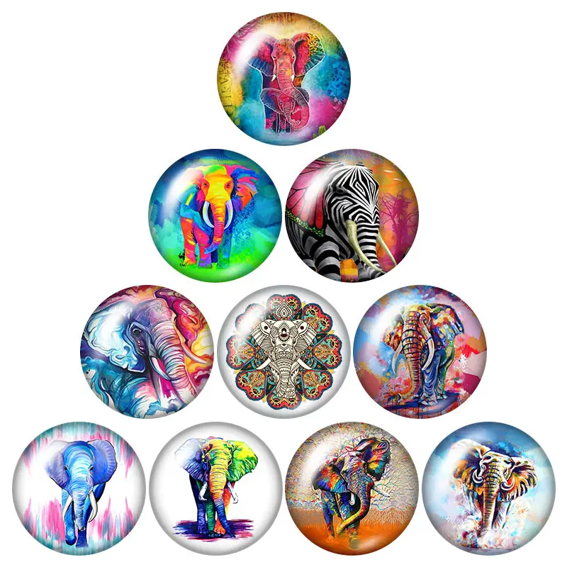 

Colorful Painting elephant 10pcs mixed 12mm/16mm/18mm/25mm Round photo glass cabochon demo flat back Making findings ZB1172